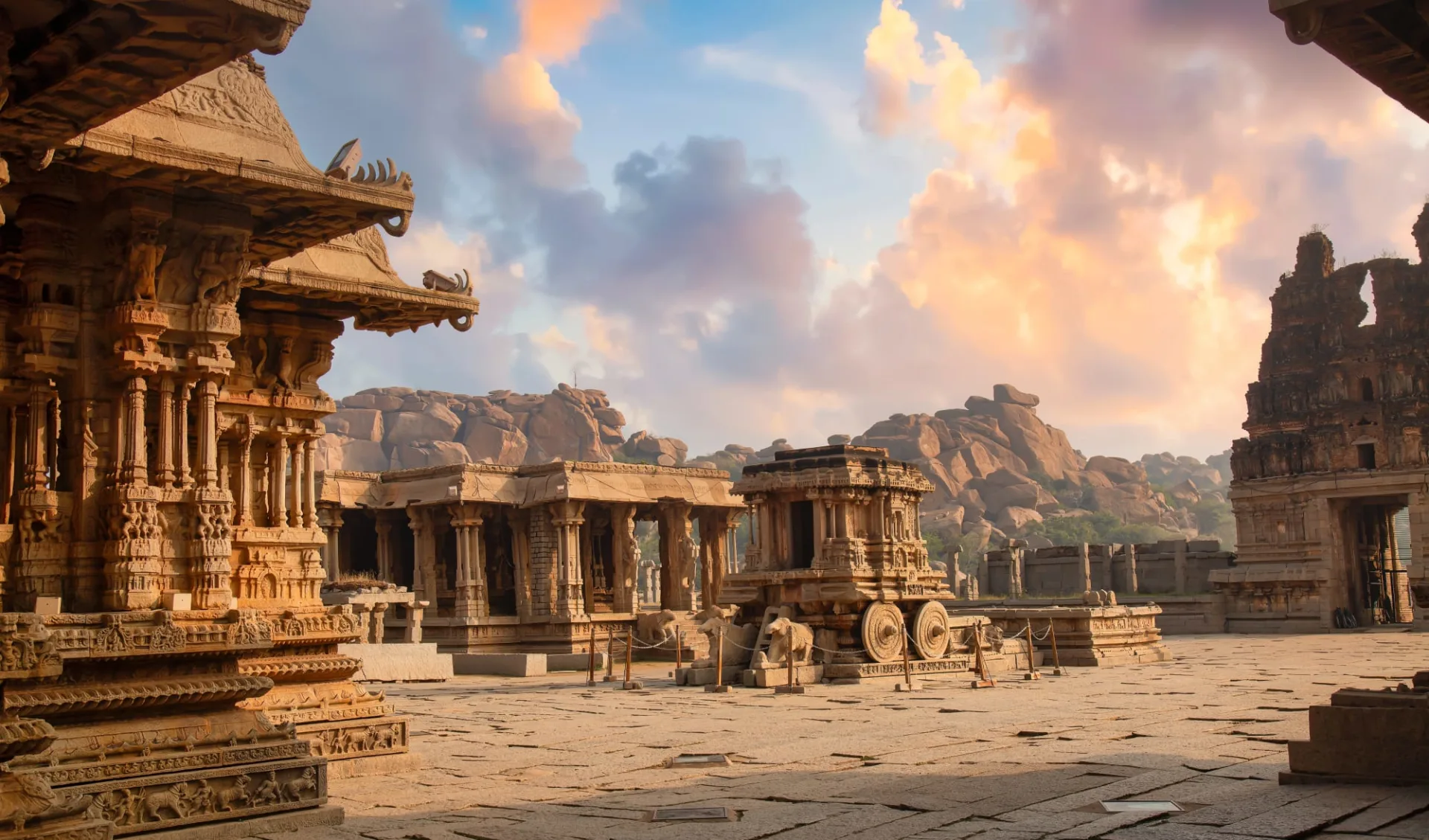 Karnatakas kulturelles Vermächtnis ab Goa: Hampi: ancient architecture ruins at the Vijaya Vittala temple