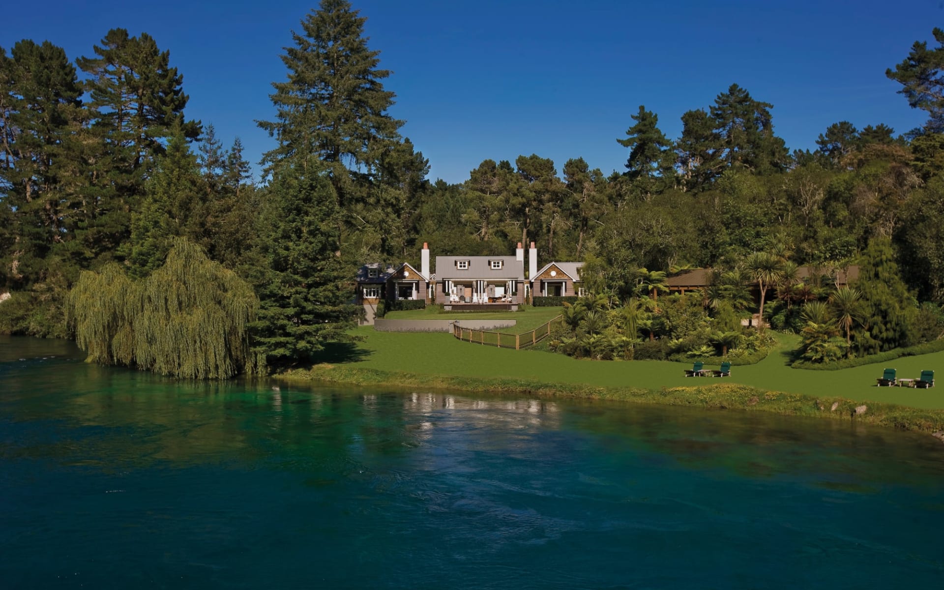Huka Lodge in Taupo: Alan Pye Cottage Exterior Over River_84863 Huka Lodge in Taupo: Alan Pye Cottage Exterior Over River_84863
