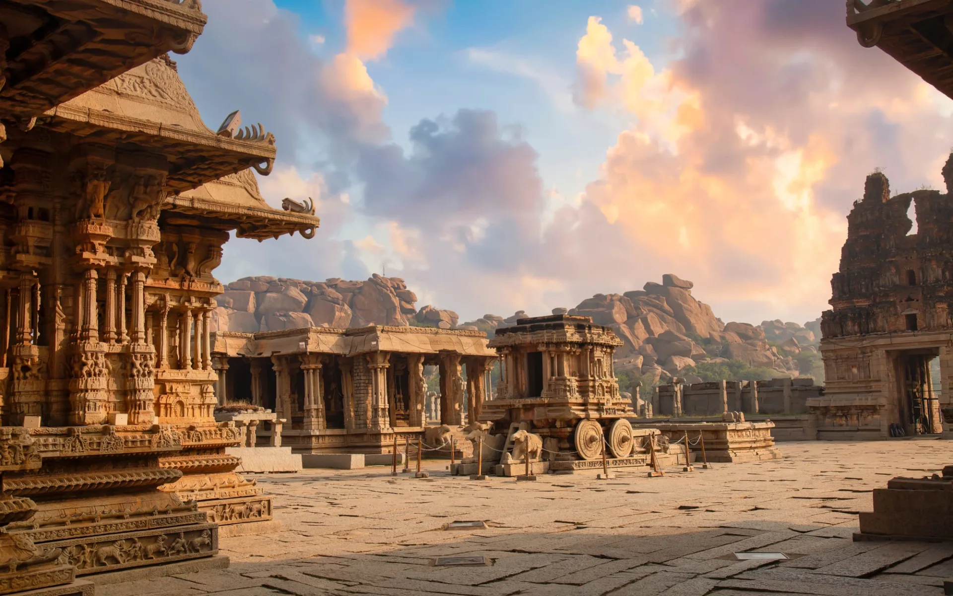 Karnatakas kulturelles Vermächtnis ab Goa: Hampi: ancient architecture ruins at the Vijaya Vittala temple Karnatakas kulturelles Vermächtnis ab Goa: Hampi: ancient architecture ruins at the Vijaya Vittala temple