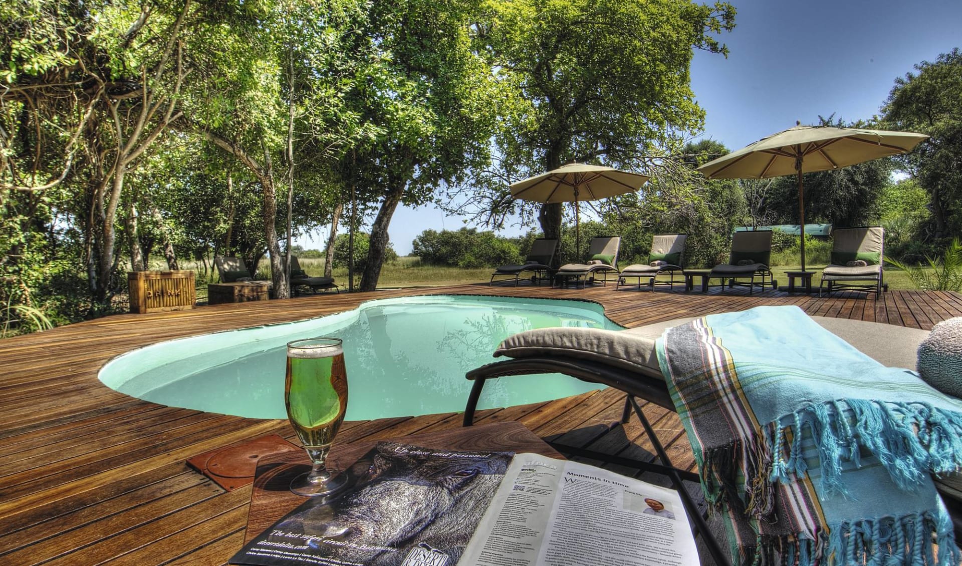Best of Botswana Lodge Safari ab Kasane: Camp Okavango Pool und Terrasse Best of Botswana Lodge Safari ab Kasane: Camp Okavango Pool und Terrasse