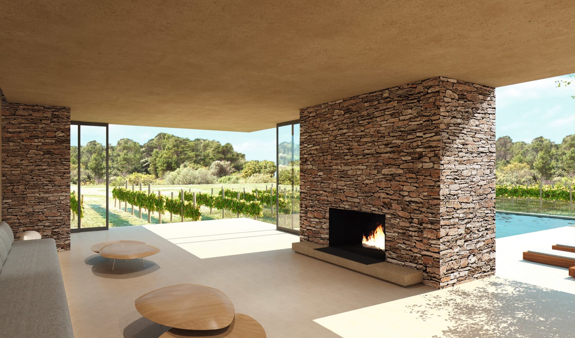 Leeu Estates in Franschhoek: facilities Leeu Collection Wohnbereich Leeu Estate mit Ofen und Terrasse