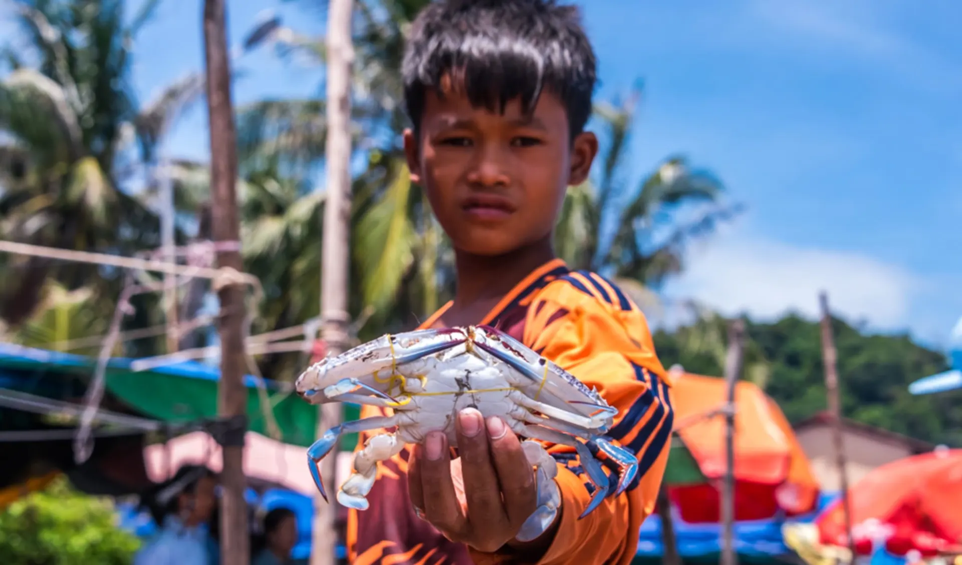 Pfeffriges Kampot ab Phnom Penh: Kampot harbour boy with crab
