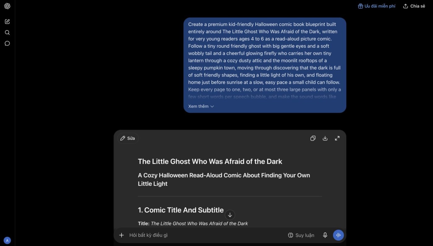 ChatGPT returning a complete comic blueprint after one pasted prompt