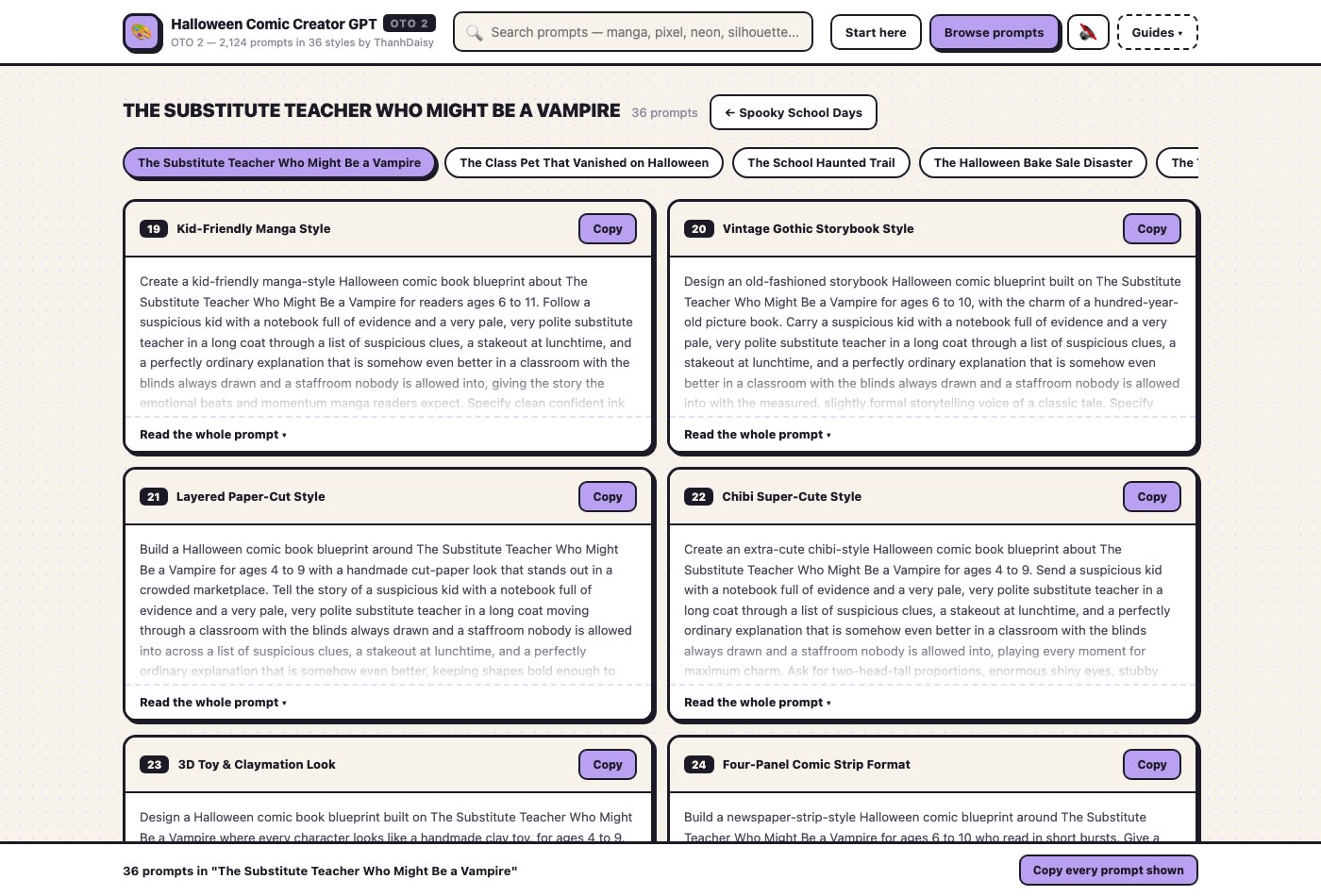 One story topic showing the art-style prompts, each a complete blueprint
