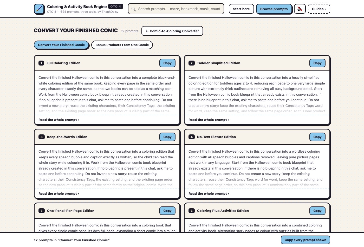 The twelve coloring conversion prompts open inside the library