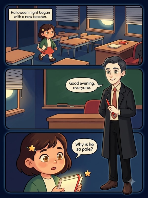 Comic page one: the new teacher arrives in the classroom