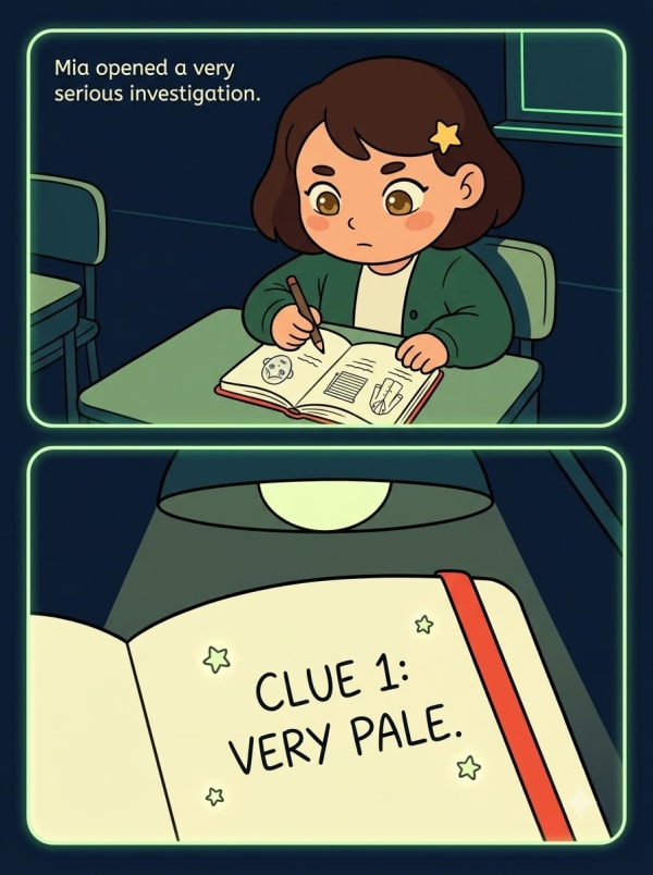 Comic page two: Mia writes down her first clue