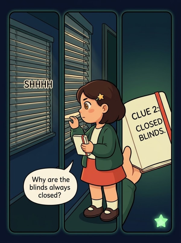 Comic page three: Mia looks at the closed blinds