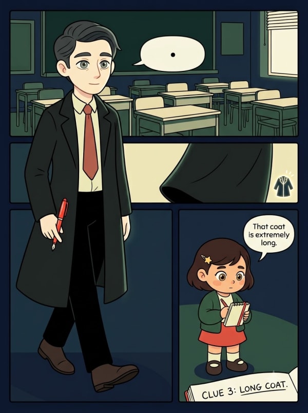 Comic page four: the long coat clue