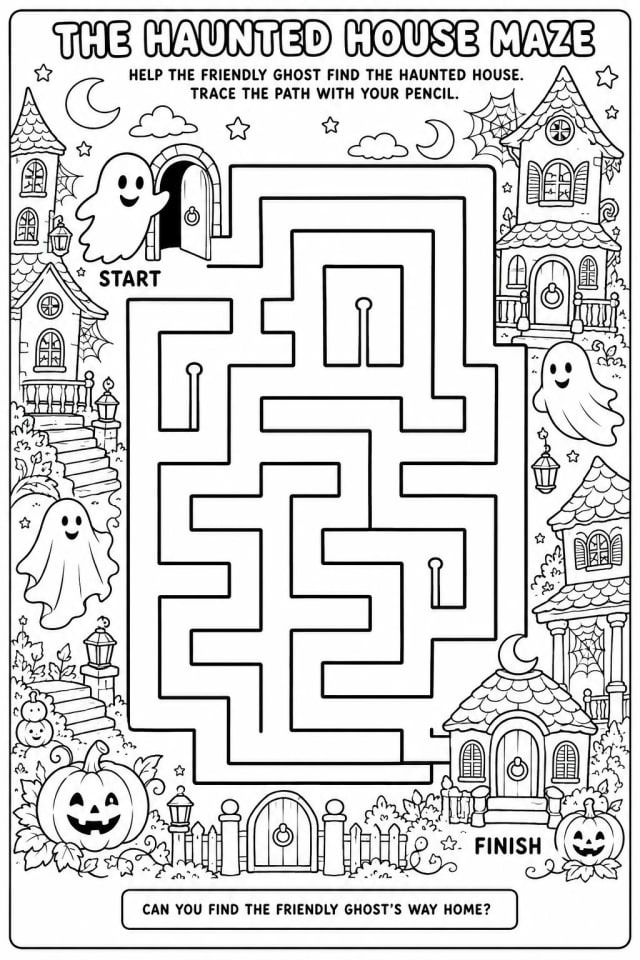 A printable Halloween maze page with start and finish