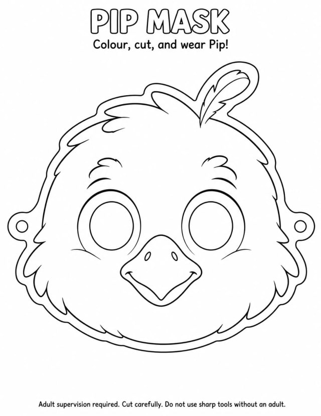 A printable character mask page with eye holes and string holes