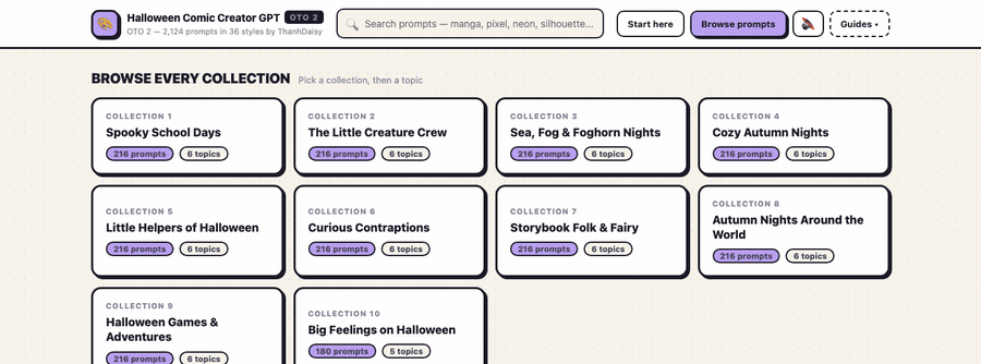 Browsing the Style Library: ten collections, then topics, then the art-style prompts