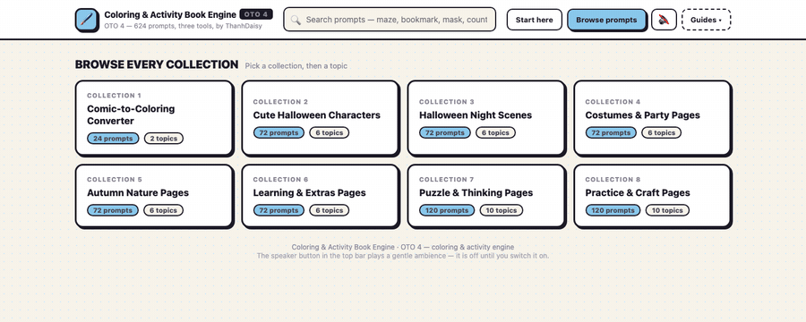 Browsing the Coloring and Activity Engine: collections, converter, coloring subjects and activity pages