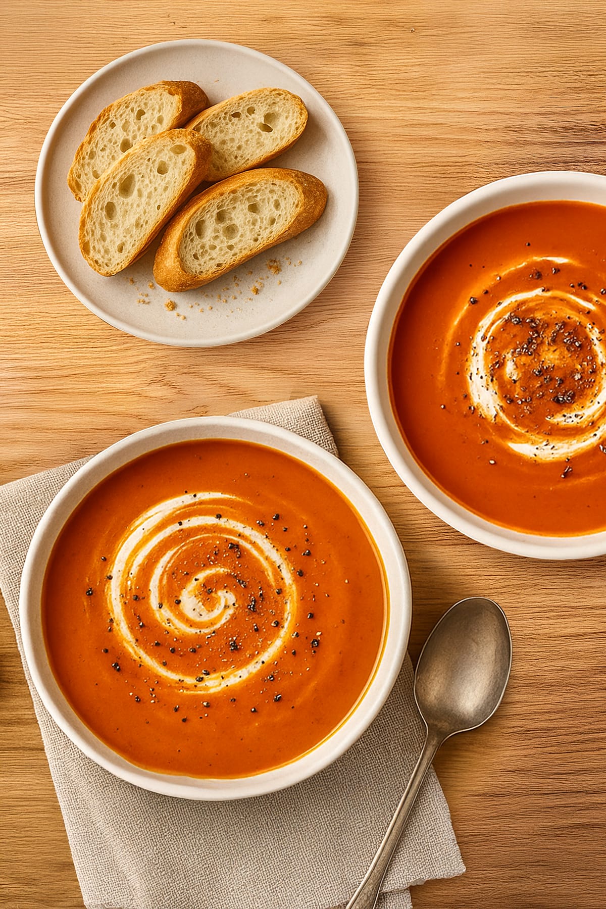 A top-down shot of two white bowls filled with creamy butternut squash and tomato soup on a wooden table. 