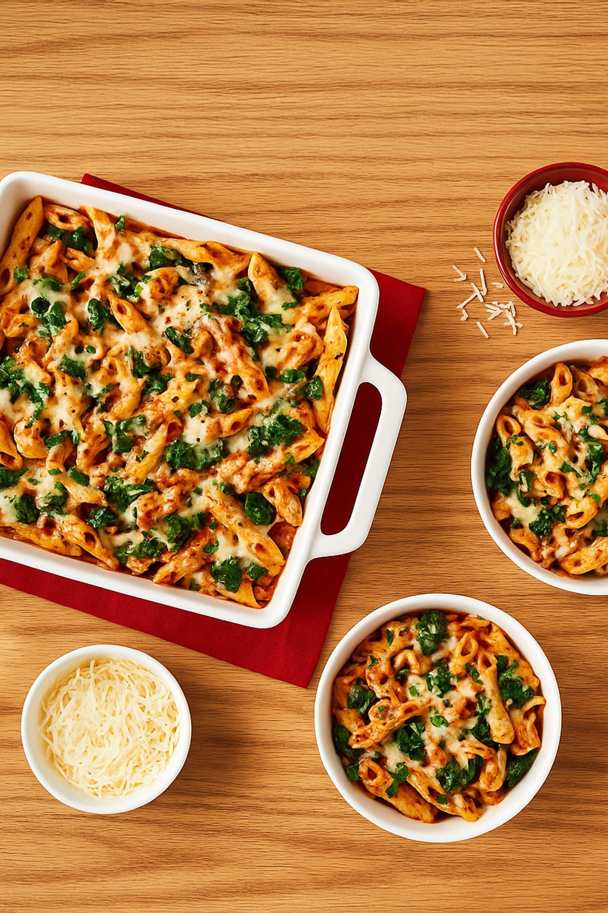 A baking dish filled with penne pasta in a tomato sauce, topped with melted golden-brown cheese and fresh green spinach. 