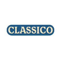 The Classico logo, featuring the brand name in a creamy beige hue against a rounded rectangular backdrop of deep blue.