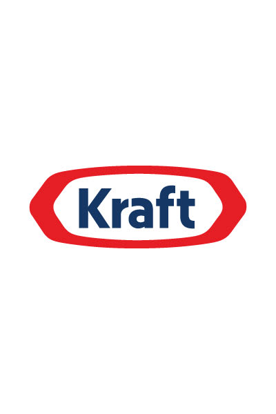 Nom 'Kraft' en gras bleu marine sur fond blanc, dans un hexagone rouge arrondi.