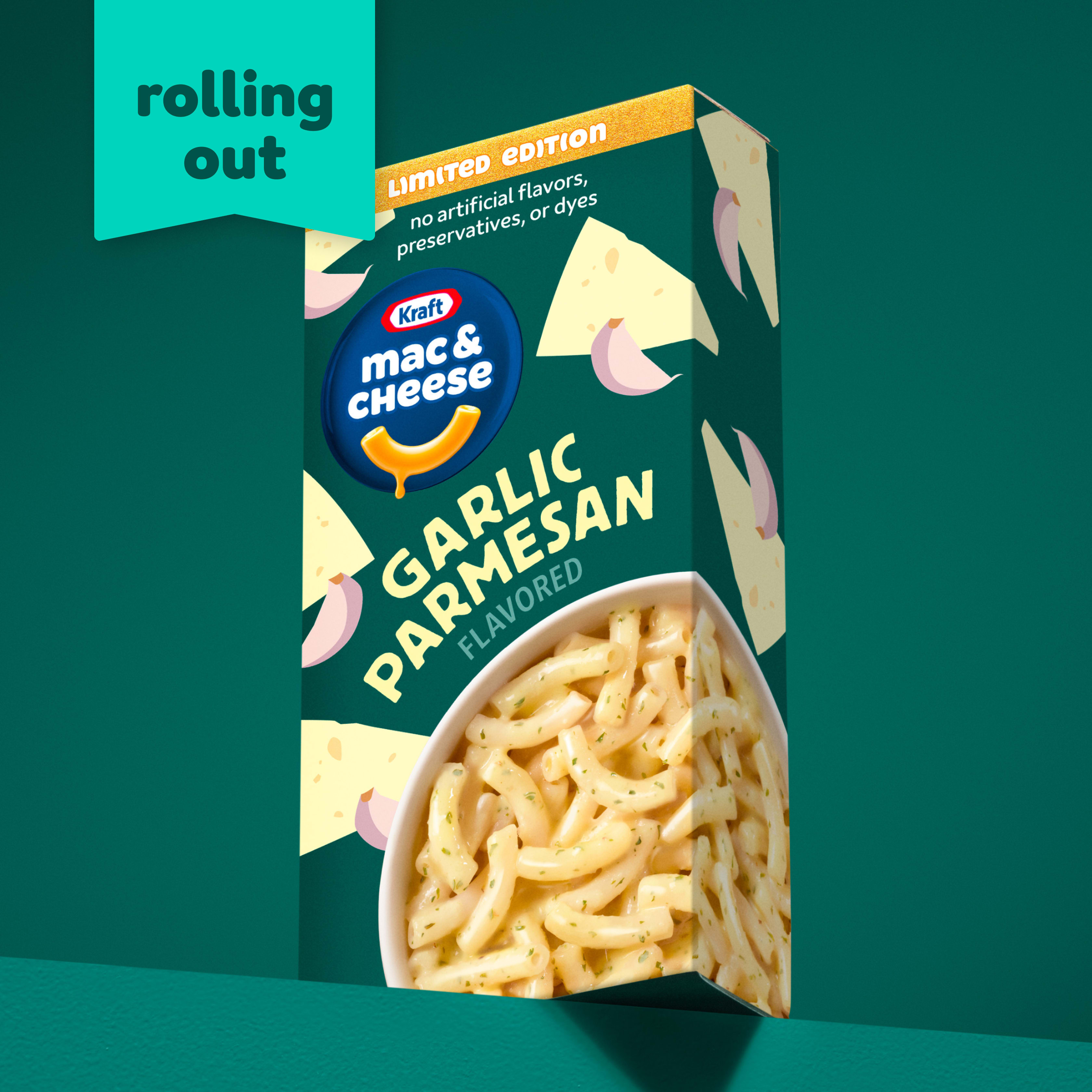 Kraft Mac & Cheese Garlic Parmesan Flavored Box with "Rolling Out" Badge