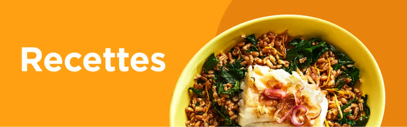 Bouton « Recettes » présentant un plat de poisson, de farro et de légumes verts.