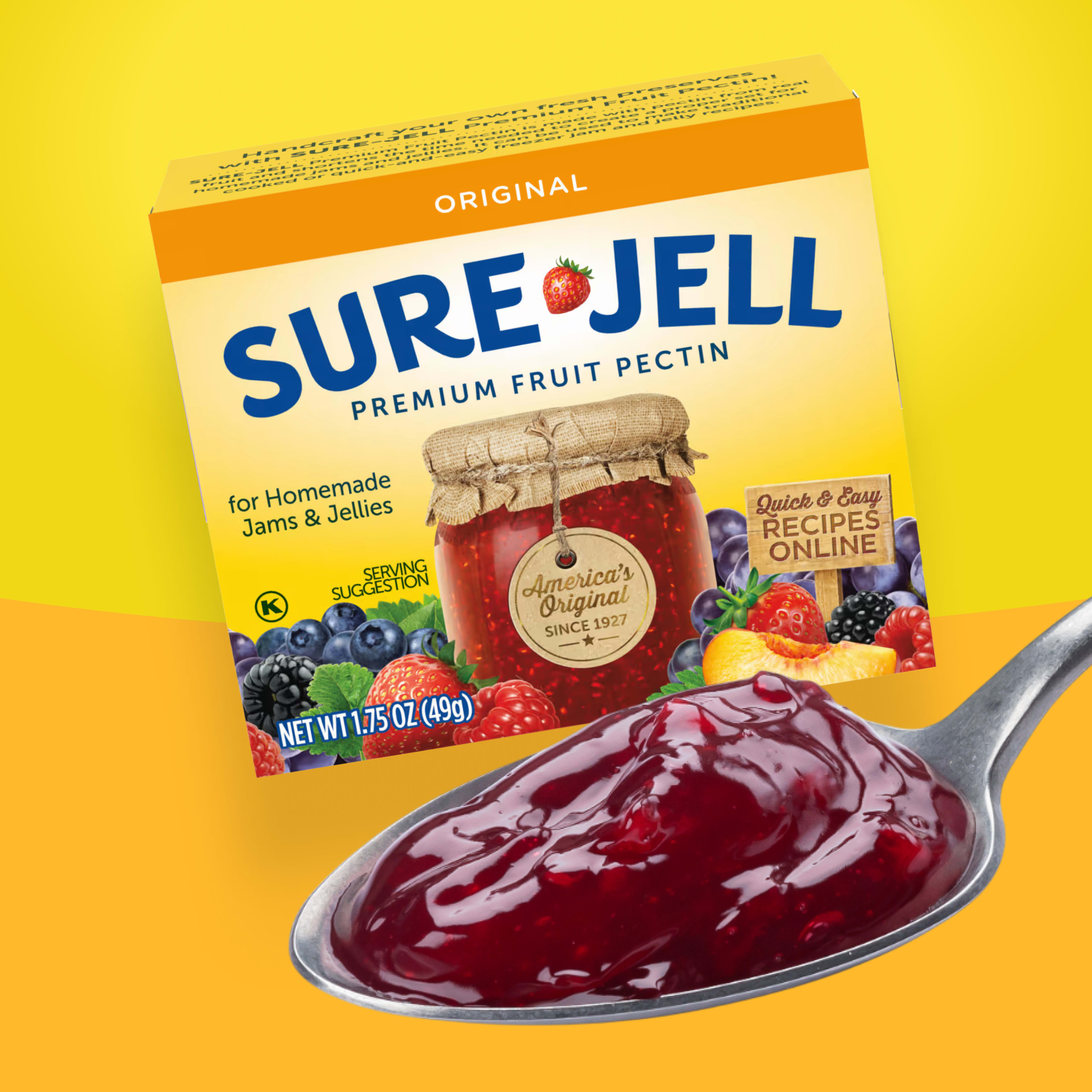 Image of Sure-Jell Premium Fruit Pectin box with a spoonful of homemade jam in front of it. The scene is set against a bright yellow background, emphasizing the product's use for creating delicious, homemade preserves.