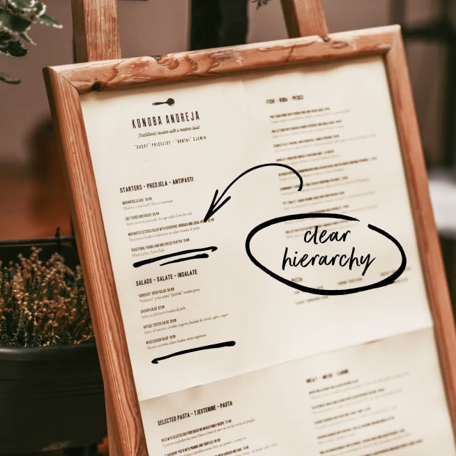 Paper menu in a wooden frame