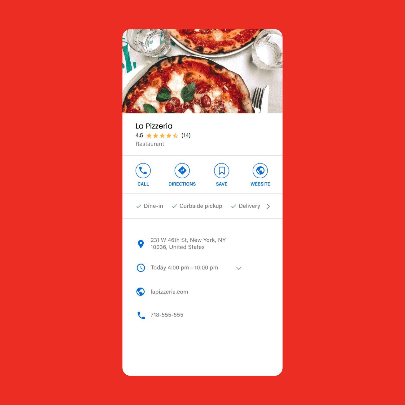 Cellphone screen showing a search result for a pizza restaurant in Google business profile
