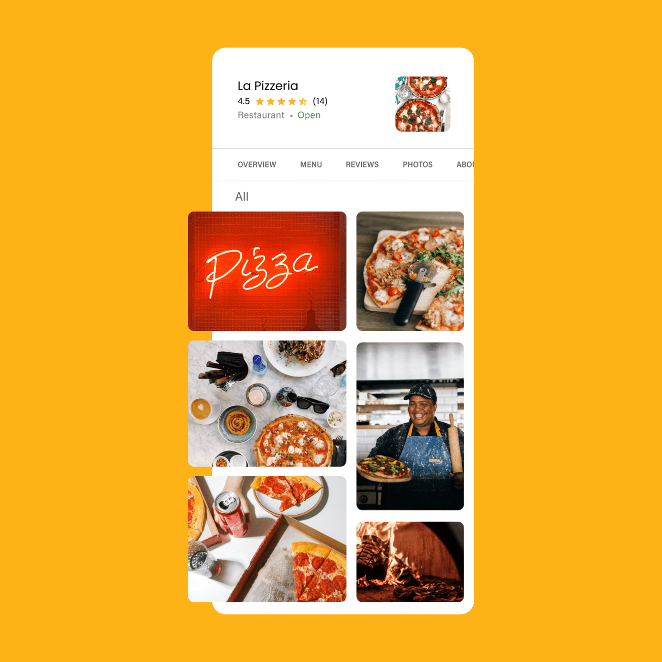 Cellphone screen showing images for a pizza restaurant in Google business profile