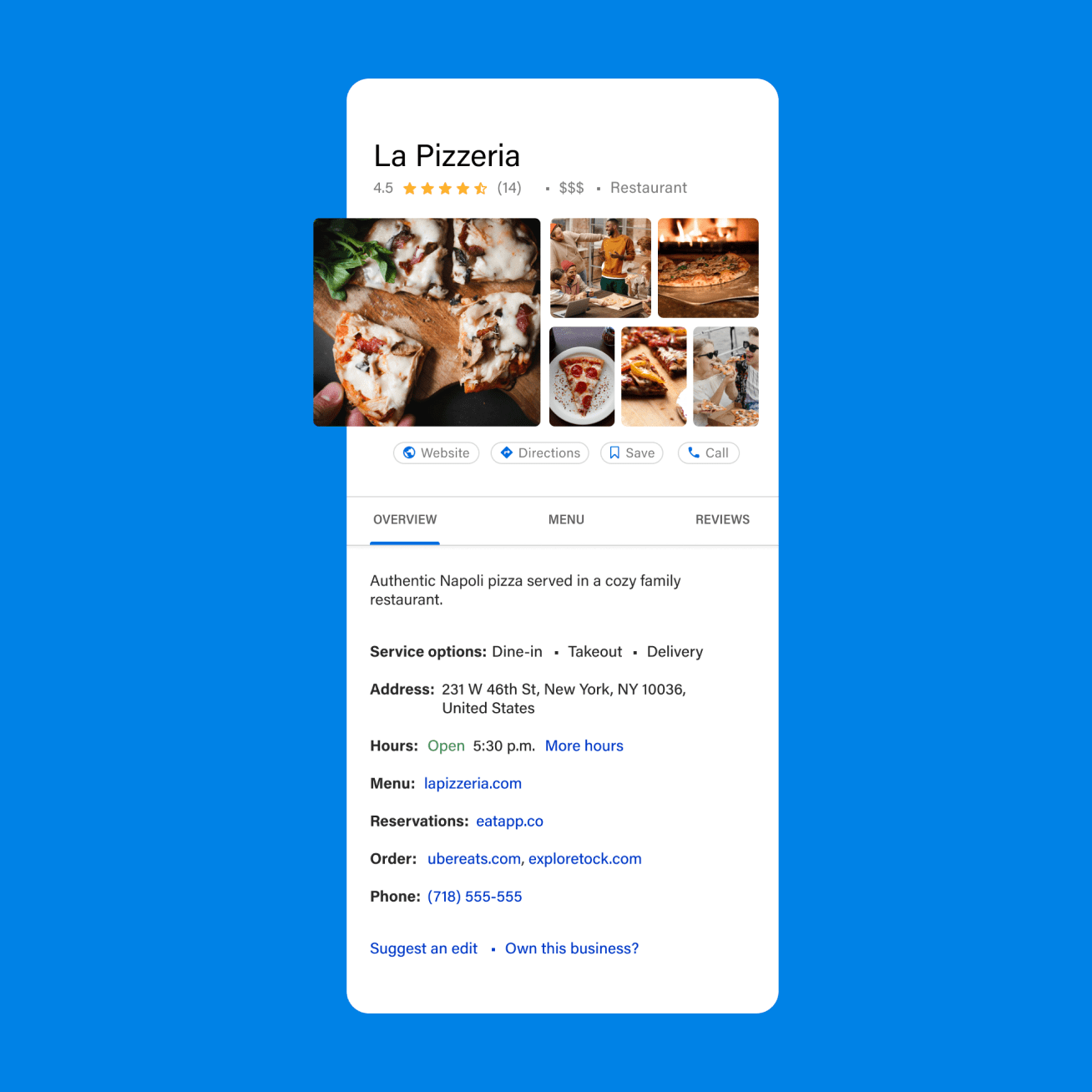 Cellphone screen showing information for a pizza restaurant in Google business profile