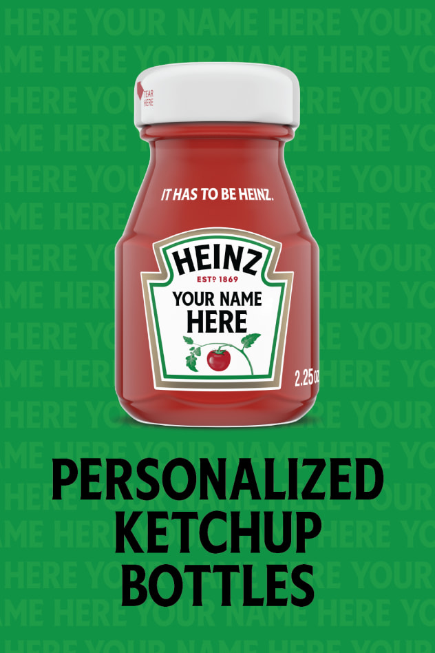 A green backdrop with a miniature personalized bottle of Heinz Ketchup. Take a selfie with your own bottle at the General Session Ballroom Hallway!