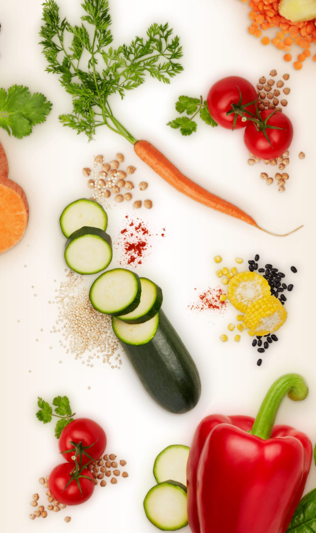 A artful spread of vegetables and grains.