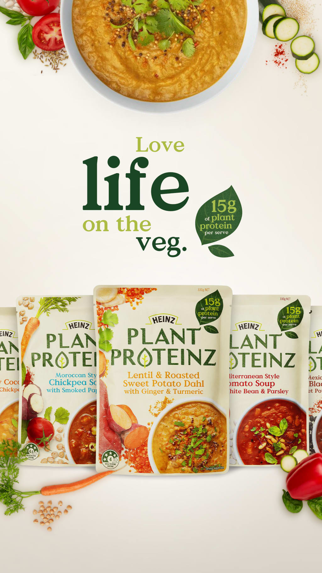 A line up of Plant Proteinz products on a white background surrounded by plated dishes and ingredients.