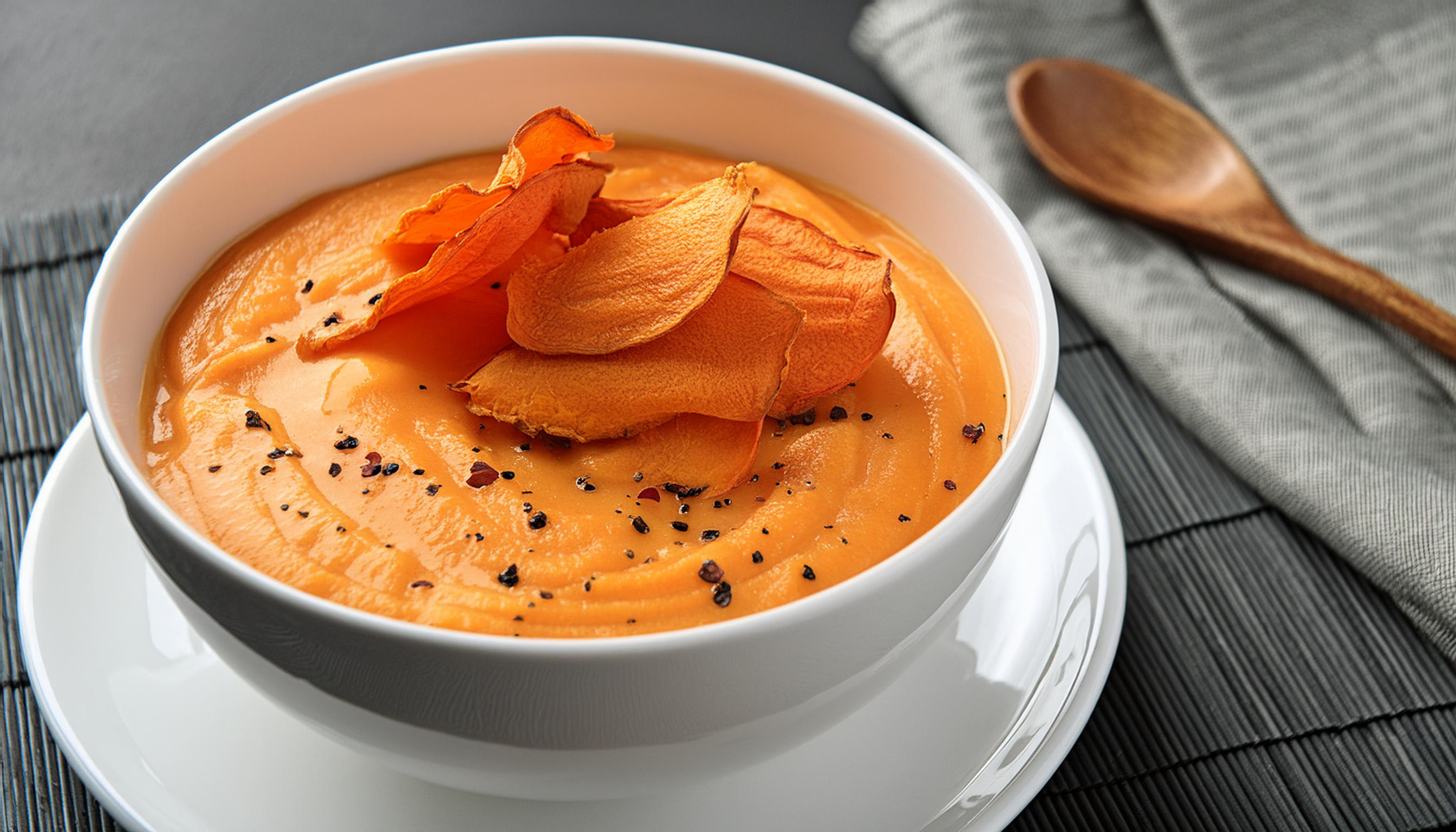 Crema de Tomate y Calabaza con Chips de Boniato