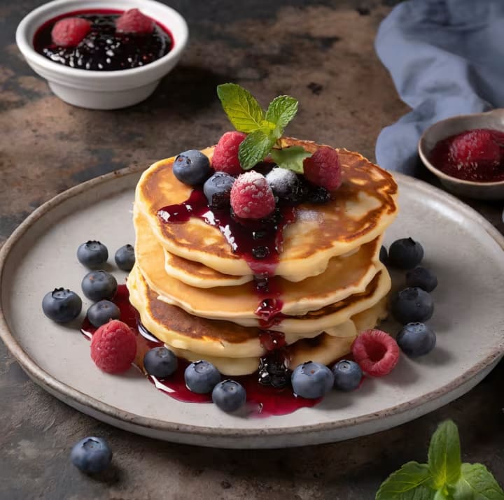 Wholewheat Pancakes with Berry Sauce