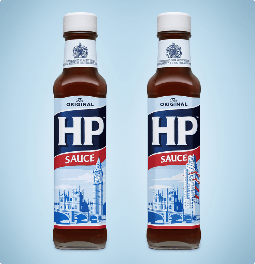 Two bottles of HP sauce on a blue background.