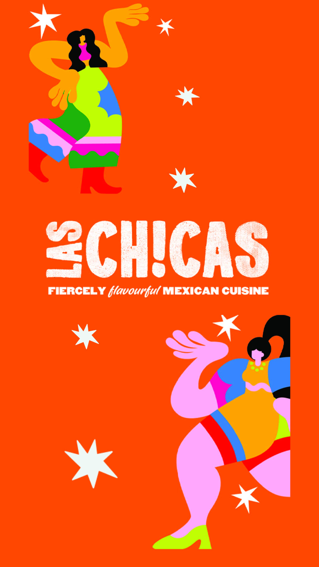 The Las Chicas logo on a red background with colourful drawings of women.