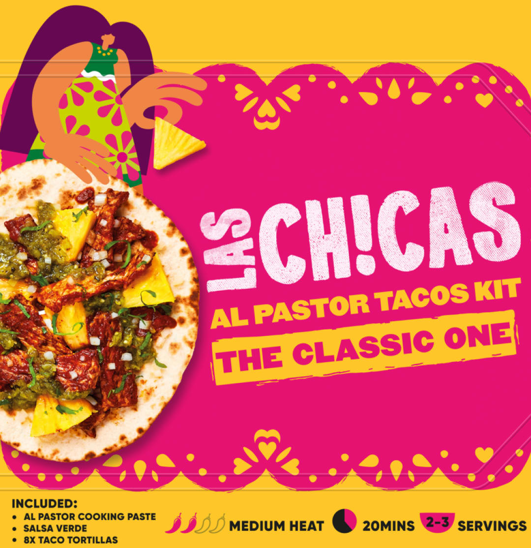 An Al Pastor taco on a pink and yellow background.
Text reads "Las Chicas Al Pastor Tacos Kit – The Classic One" 
Subhead Reads: "Included: 
-Al Pastor Cooking Paste
-Salsa Verde
-8x Taco Tortillas

Medium heat, 20 mins, 2-3 servings