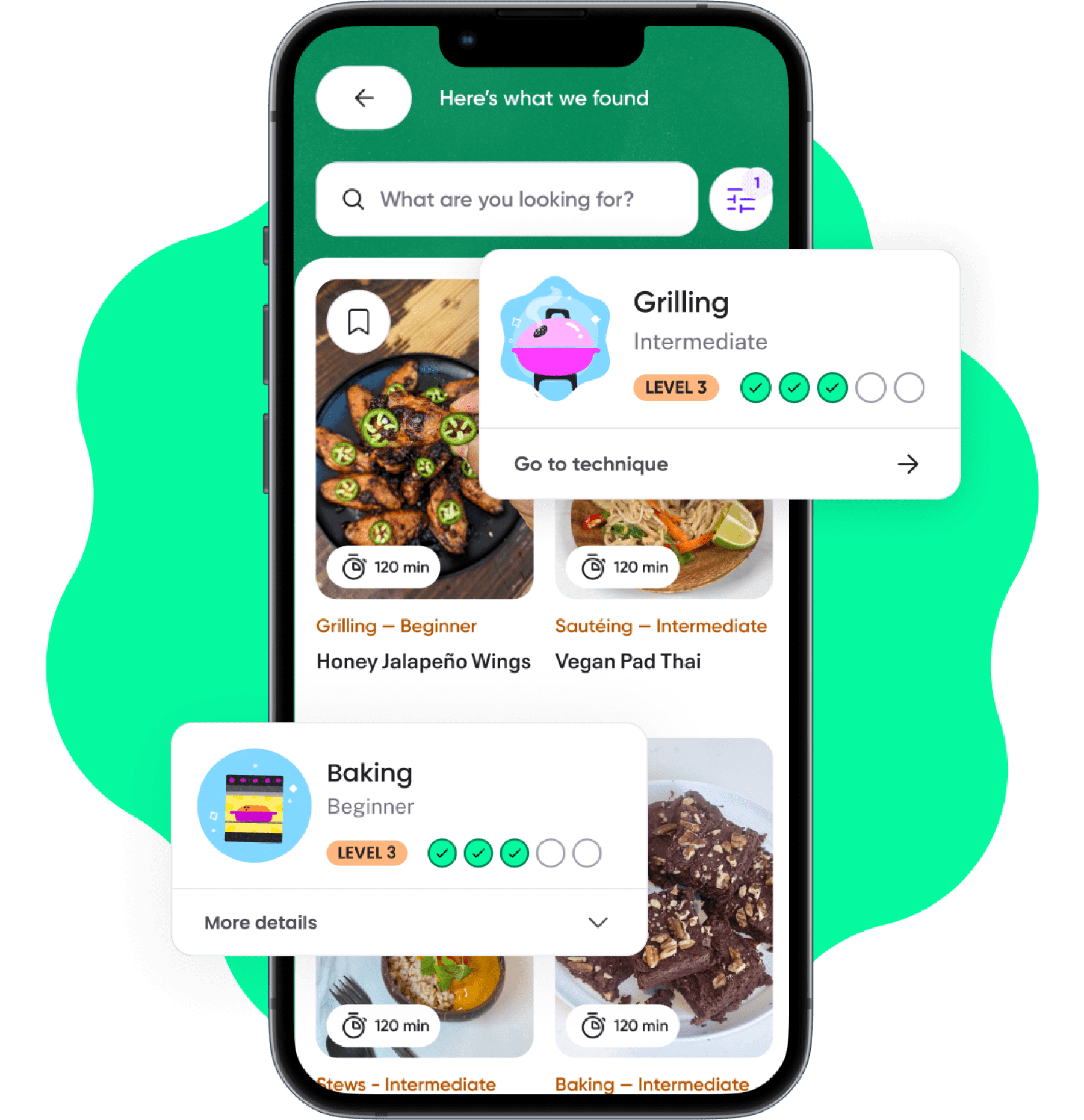 Phone with the What's Cooking app opened with elements popping out