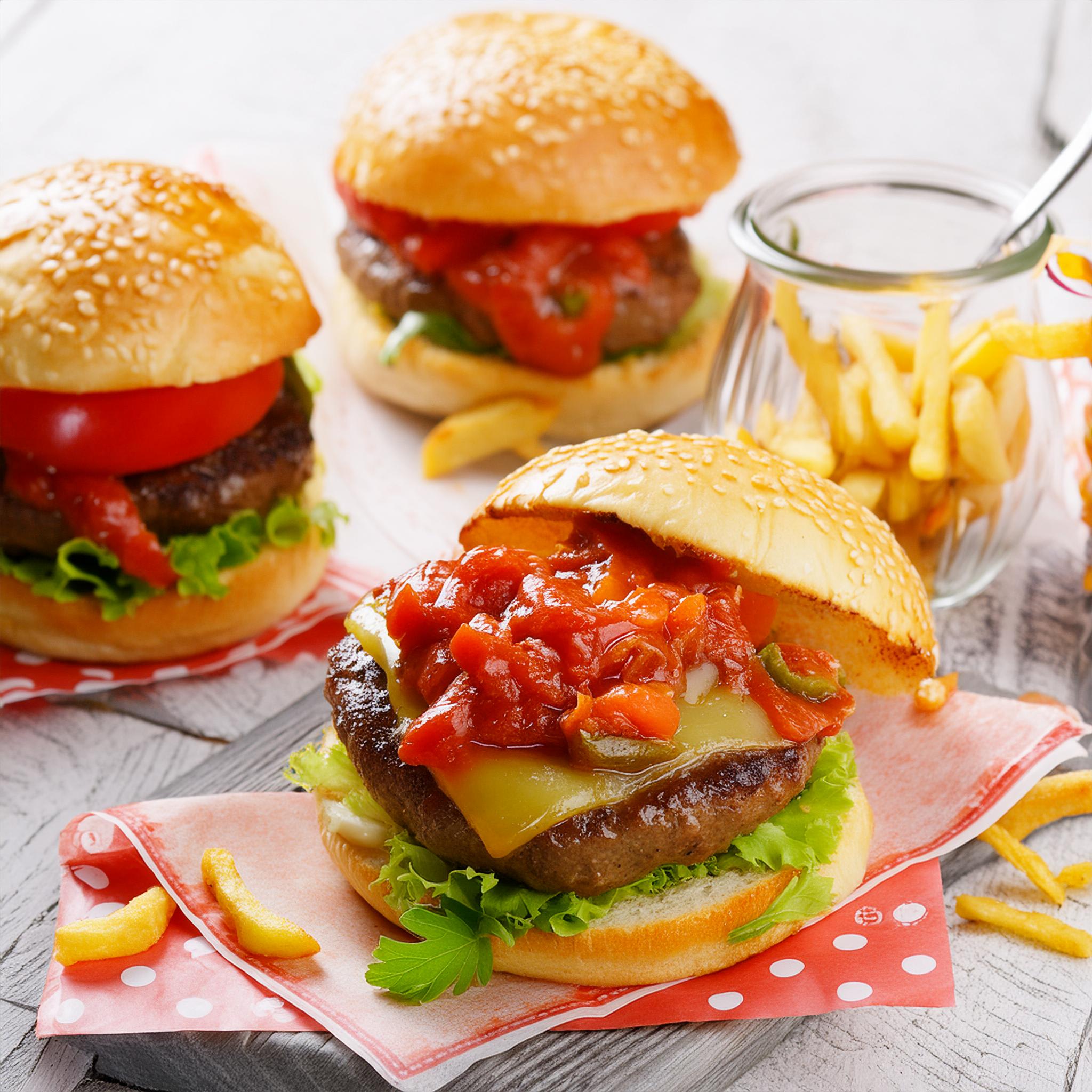 Beef Burger with Capsicum Relish and Shoestring Fries