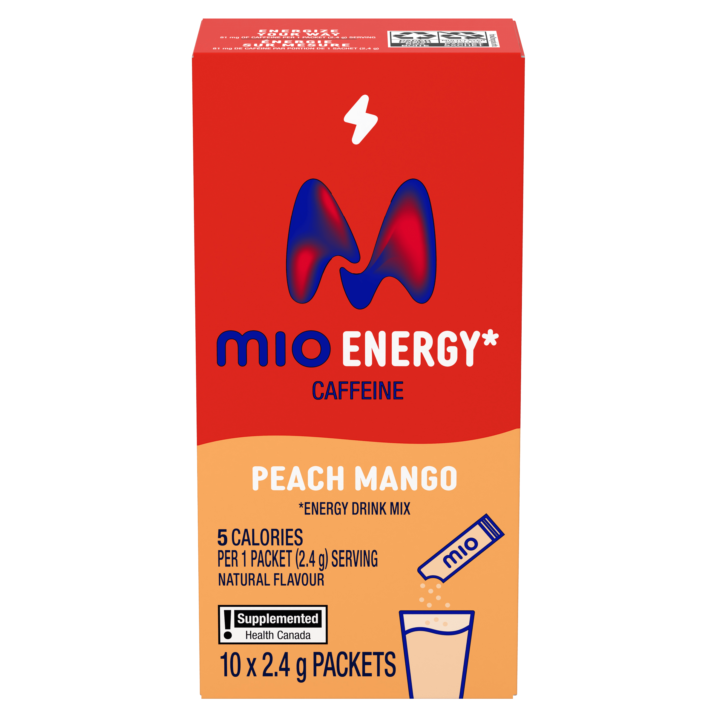 Mélange de boisson en poudre à la pêche et à la mangue Energy, sachets de 2,4 g, boîte de 10 ct