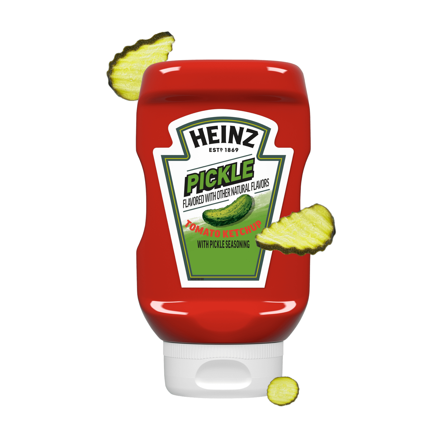 A bottle of Heinz Pickle Ketchup with crinkled pickle slices floating around it.