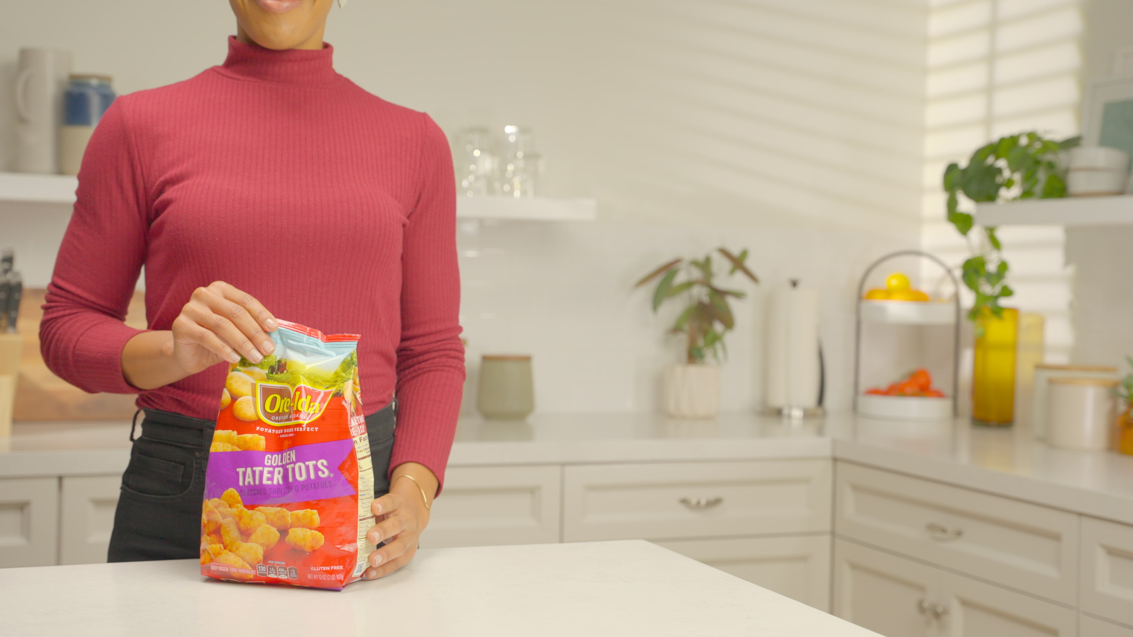 A bag of TATER TOTS on a counter ready to be prepared for cooking.