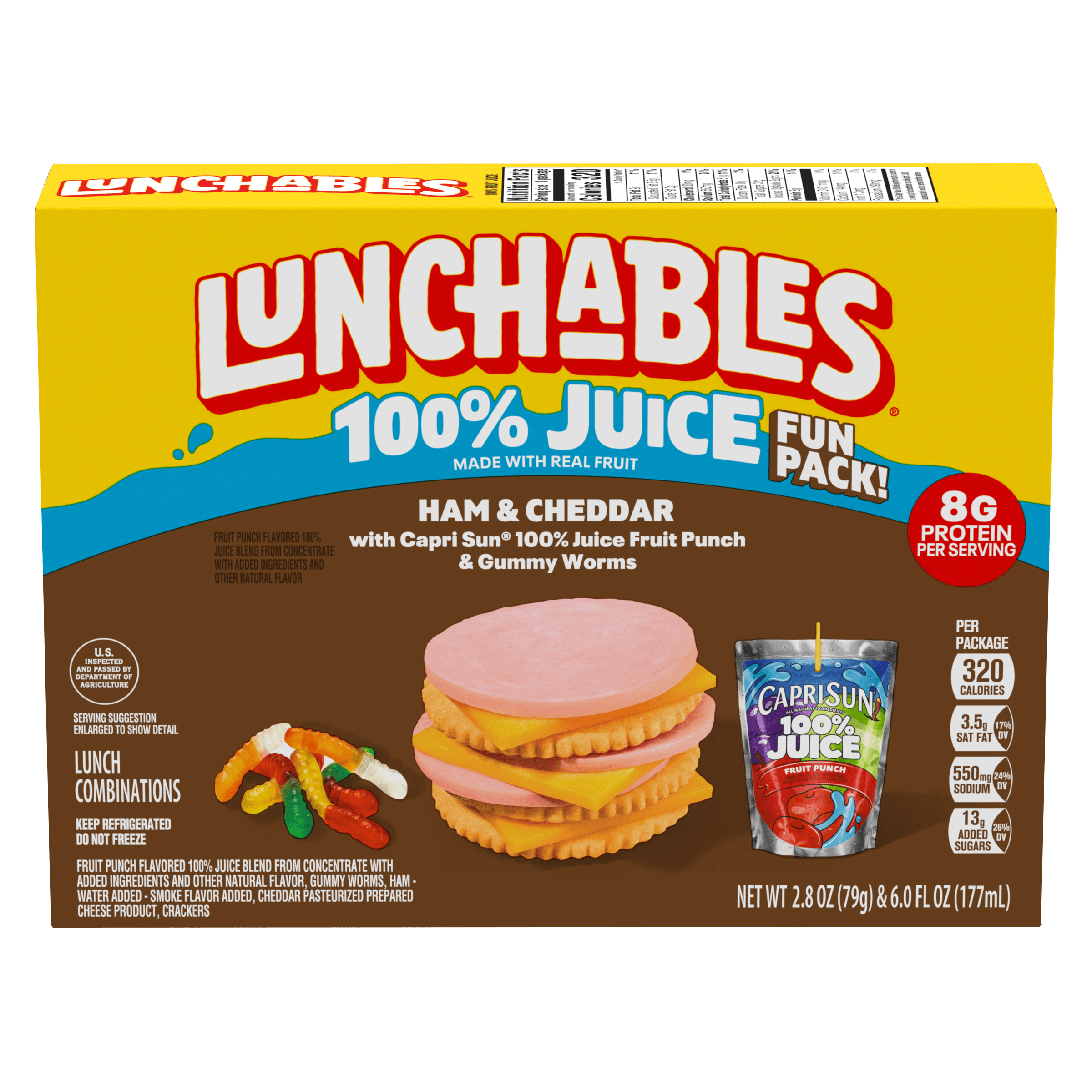 Ham and Cheddar Cracker Stackers with Capri Sun Fruit Punch 100% Juice Drink and Gummy Worms Snack Kit