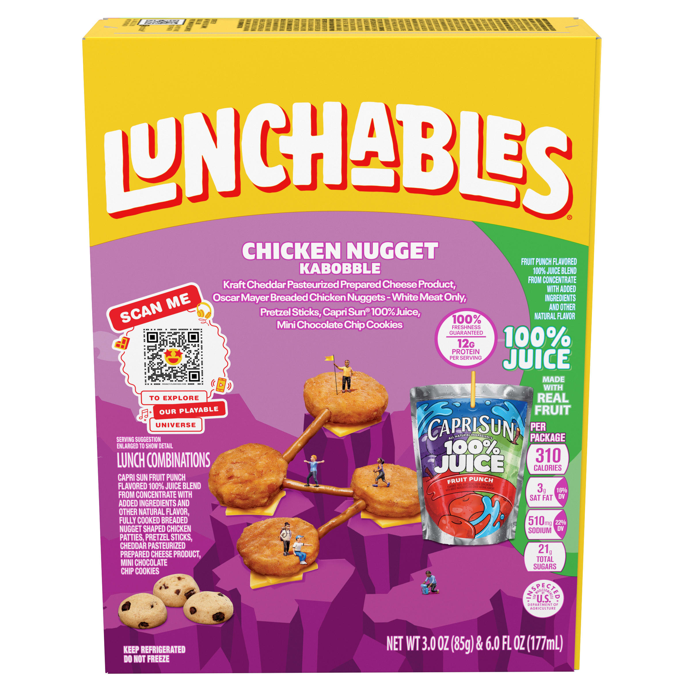 Chicken Popper Kabbobles Meal Kit with American Cheese, Pretzel Sticks, Capri Sun Fruit 100% Juice Drink & Mini Chocolate Chip Cookies