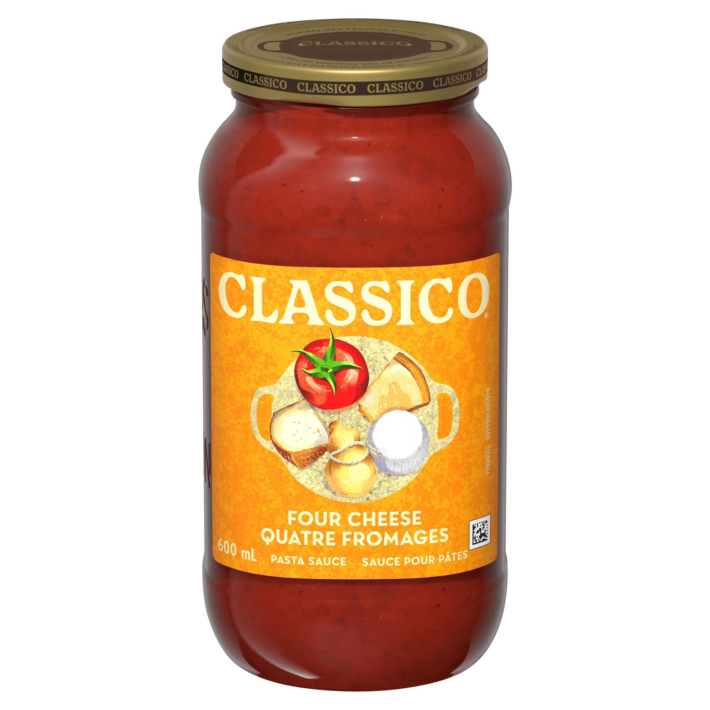 A jar of Classico Four Cheese pasta sauce. The jar is predominantly red, with an orange label featuring the Classico logo, an