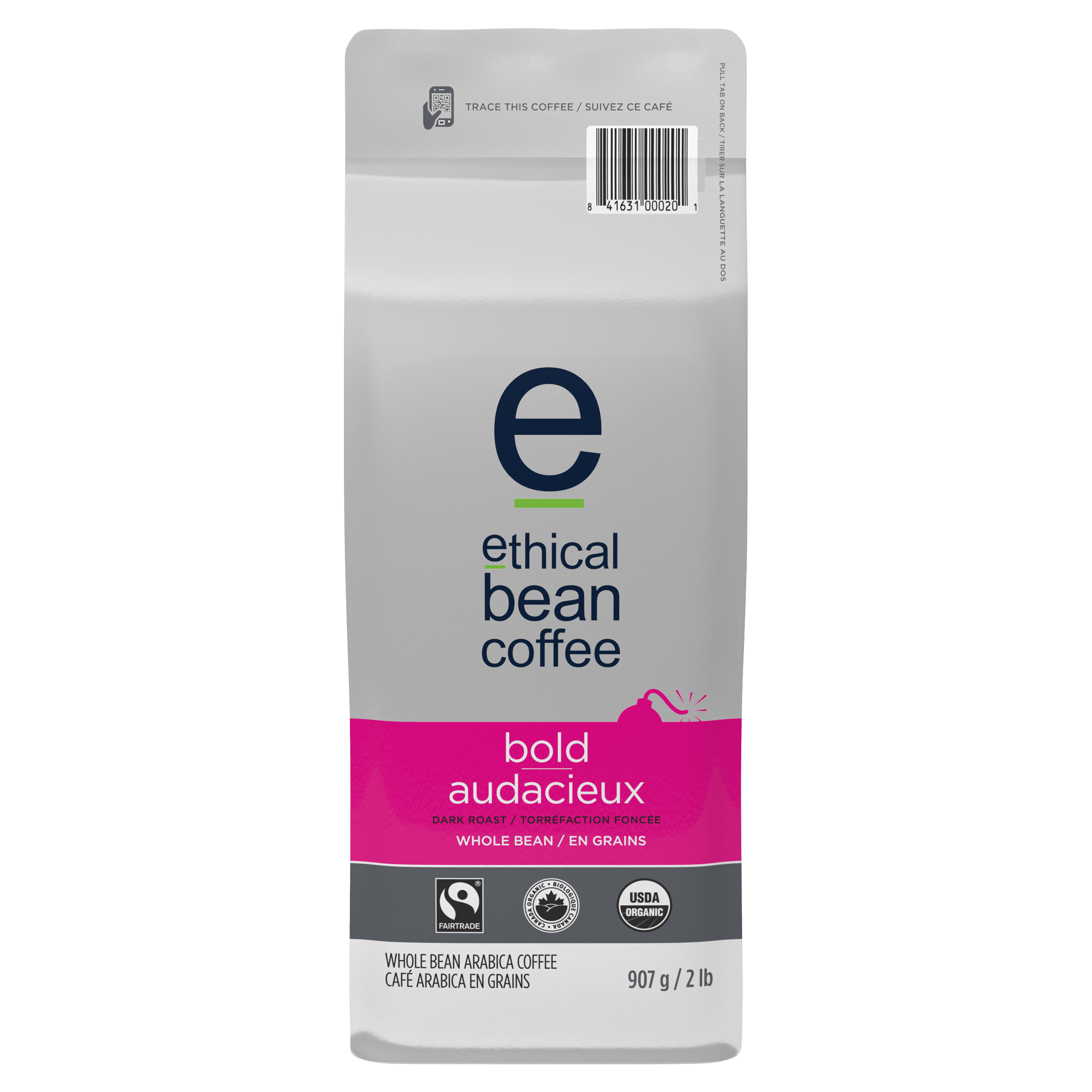 A package of Ethical Bean Bold Audacieux dark roast, whole bean, Arabica coffee. The bag is primarily white and pink, featuring the Ethical Bean logo, a stylized "e". The coffee is Fairtrade and USDA Organic certified. The bag contains 907g (2 lbs) of coffee.