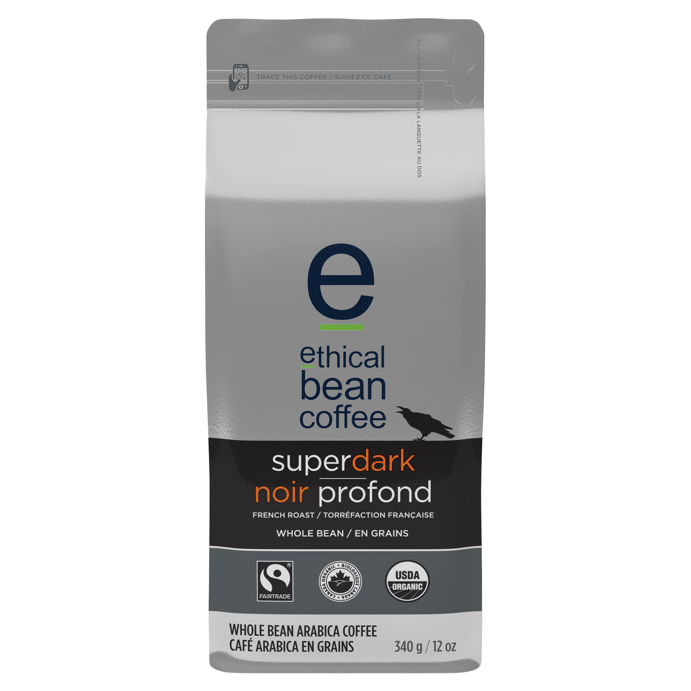 A package of Ethical Bean Coffee's Superdark Noir Profond whole bean coffee. The bag is silver and dark gray with a large, stylized "e" logo. The text highlights "superdark" and "noir profond" indicating the dark roast. It includes certifications for Fairtrade, USDA Organic, and Canada Organic. The weight is listed as 340g/12oz.