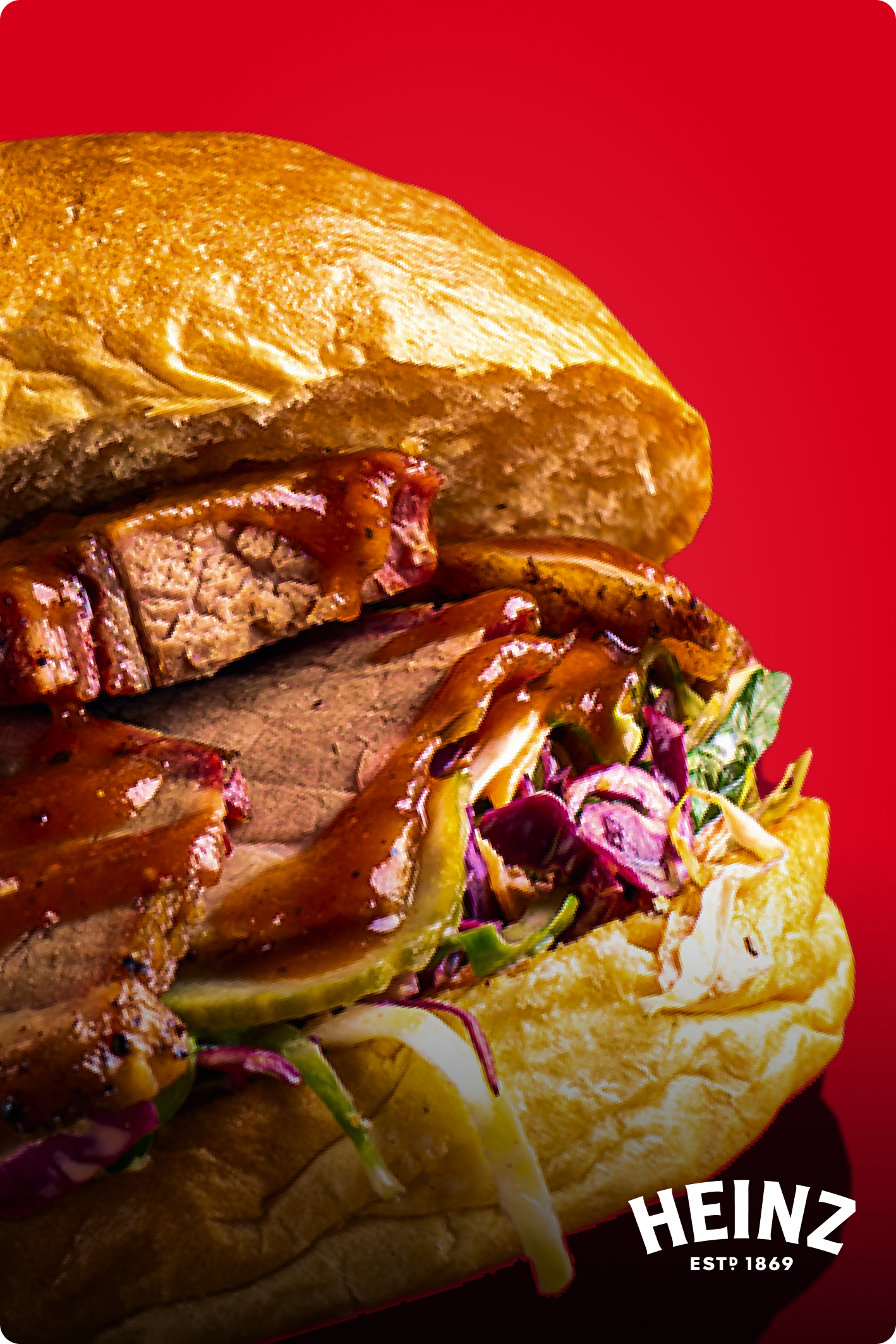 A roast beef sandwich on a crusty roll topped with pickles, cabbage, and BBQ Sauce.