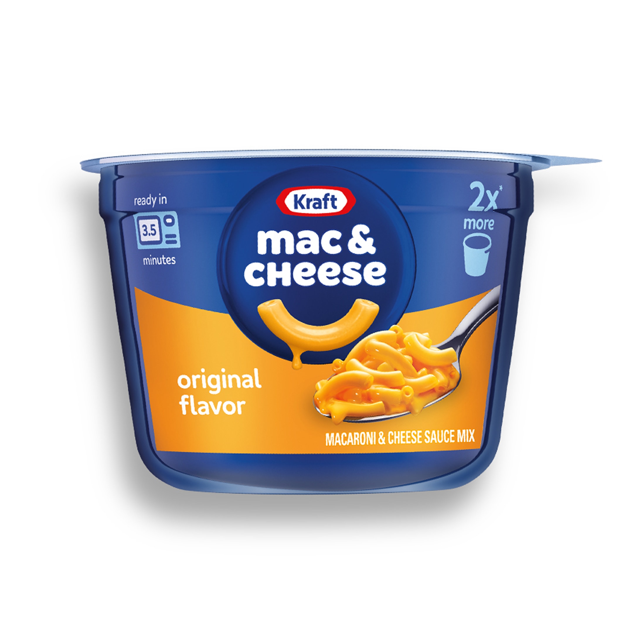  A single-serve cup of Kraft Mac & Cheese Original Flavor is the focus of this image, set against a bright white background. 