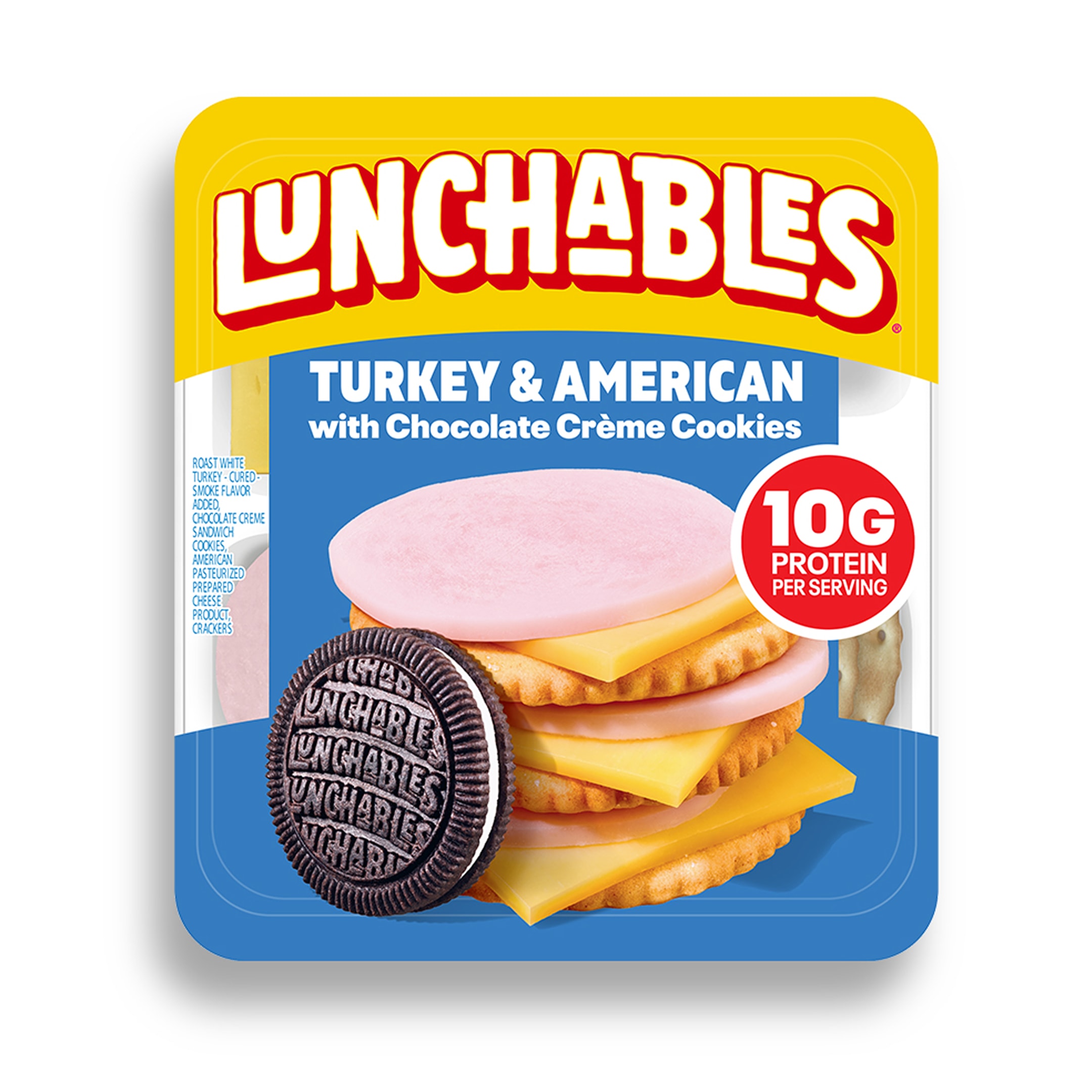 Lunchables Turkey and American cheese with chocolate crème cookies. The packaging highlights "10g protein per serving". 