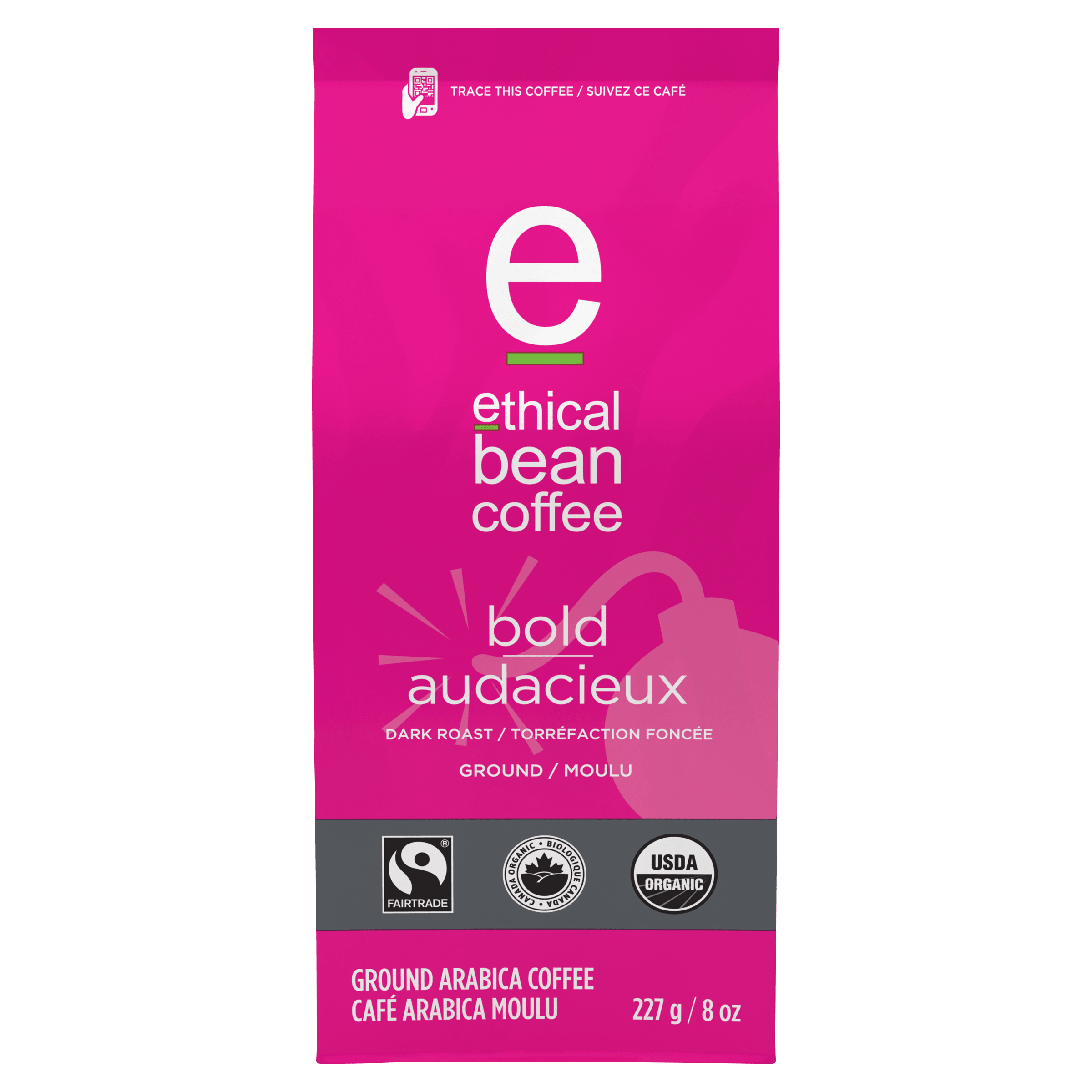 A package of Ethical Bean Coffee's Bold blend. The bag is a vibrant pink or magenta, with the Ethical Bean Coffee logo prominently displayed. This coffee is a dark roast, ground coffee made with Arabica beans. The bag also displays Fairtrade, USDA Organic, and Canada Organic certifications. The weight is listed as 227g or 8 oz.